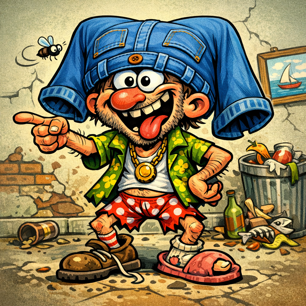 Funny character with pants on head